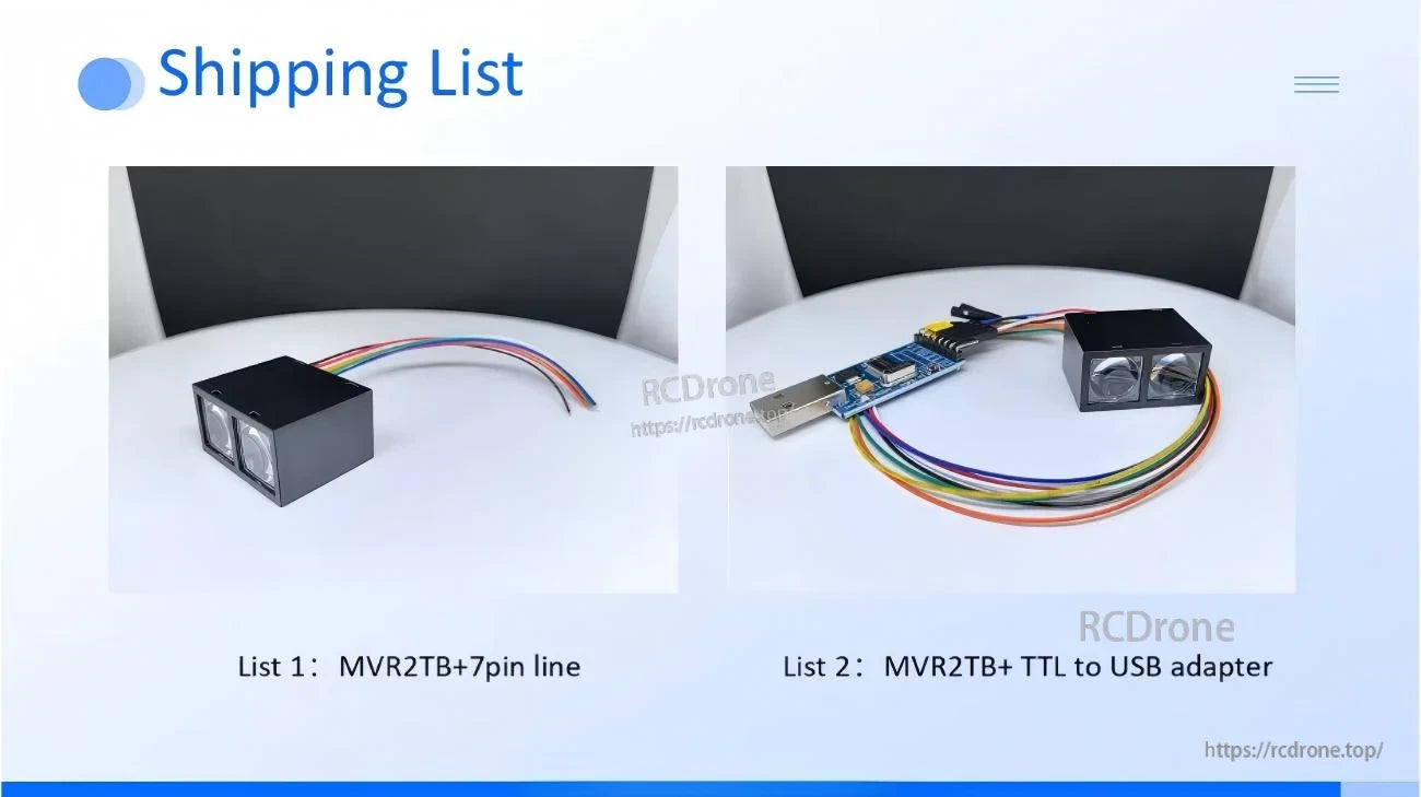 Package contents for MVR2TB: module with 7‑pin wire harness and optional TTL‑to‑USB adapter board