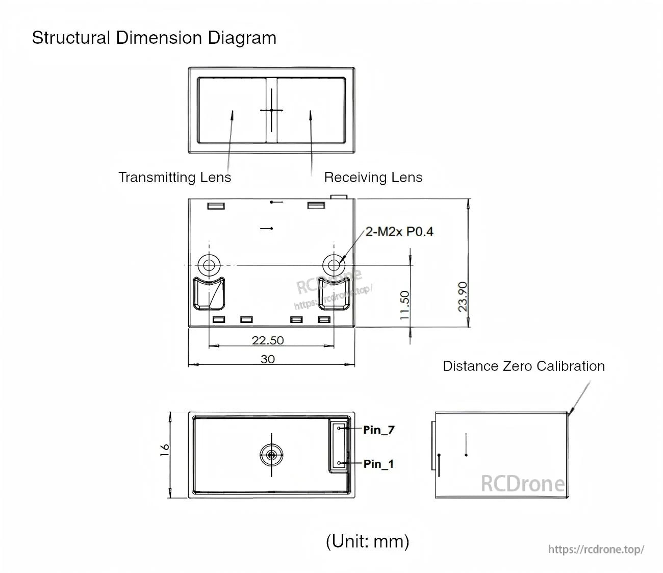 MVR2TB structural dimension diagram with lens labels, 30×16×23.9 mm body size and 2×M2 mounting points