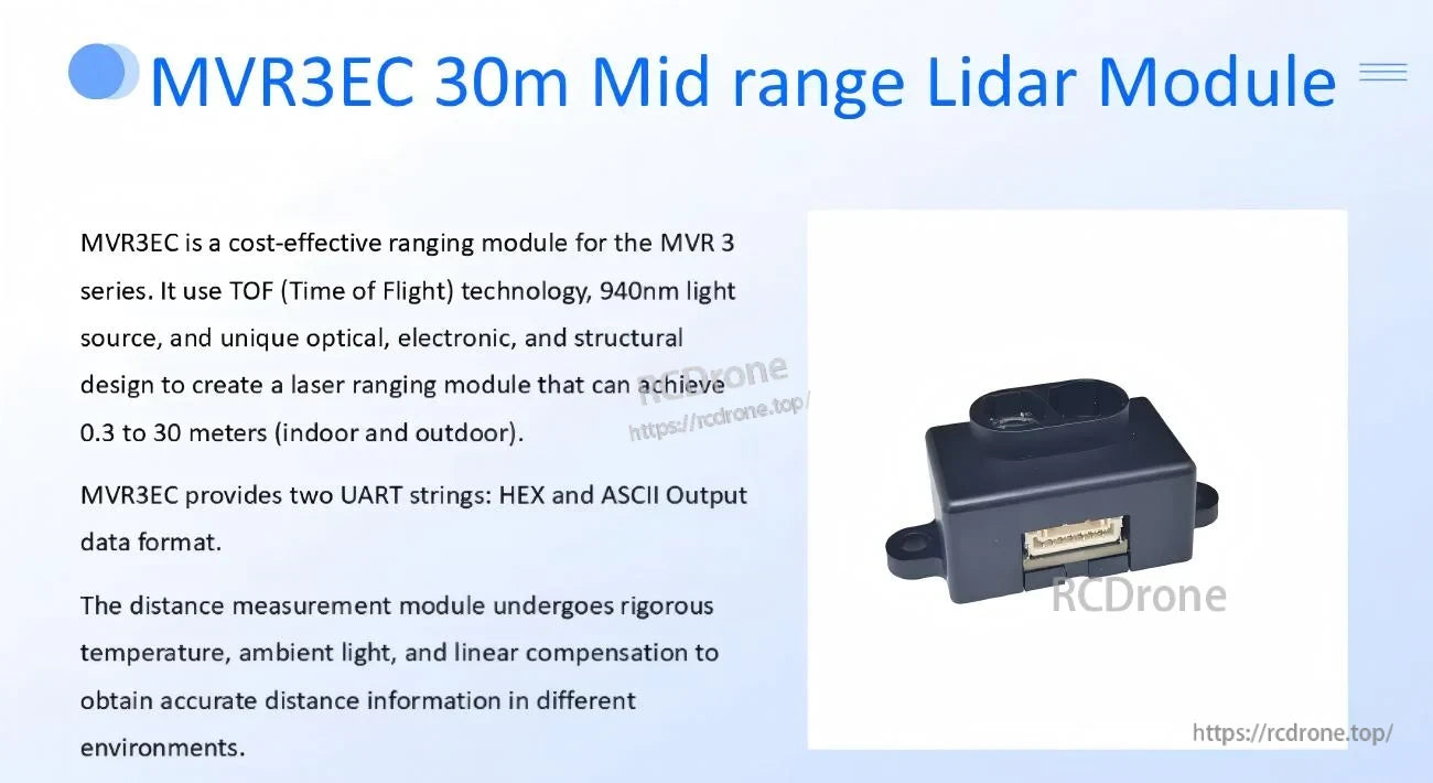 Yunshis MVR3EC mid-range TOF LiDAR module (0.3–30 m), 940 nm, compact housing overview