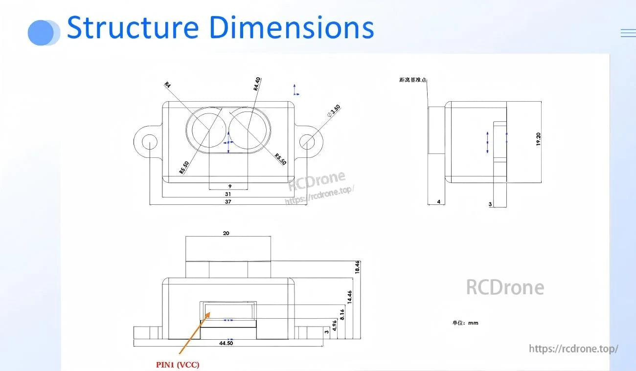 Mechanical outline drawing for Yunshis MVR3EC LiDAR module with mounting tabs and overall dimensions (31×18×19 mm)
