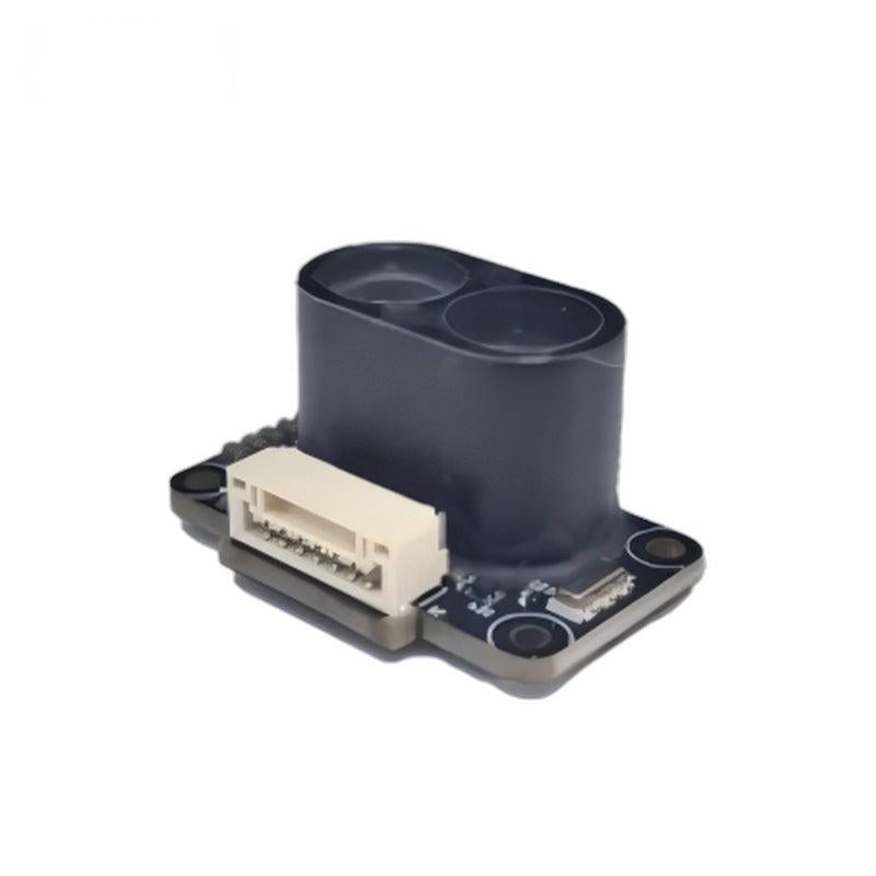 Angled side view of MVR3ECD ToF distance sensor module showing the raised optical housing and board connector