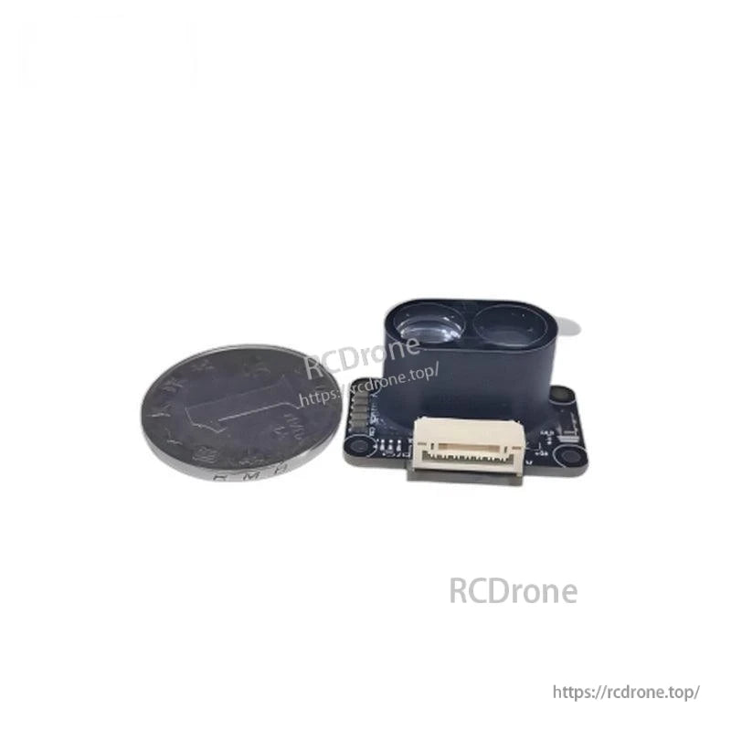 Yunshis MVR3ECD ToF ranging module size comparison next to a coin, showing compact PCB and dual-lens head