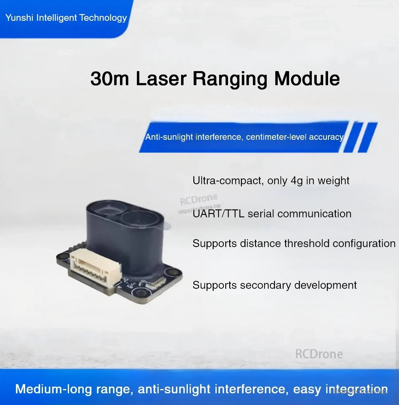 Yunshis MVR3ECD 30m ToF laser ranging module with dual-lens 940nm sensor and UART/TTL connector