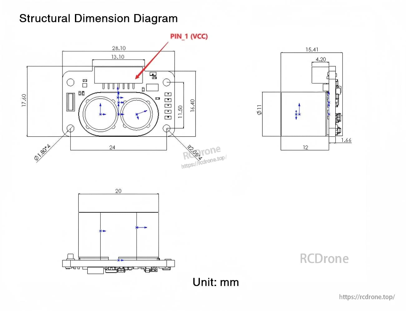 MVR3ECD structural dimension drawing with pin-1 VCC marking and overall size measurements (unit: mm)