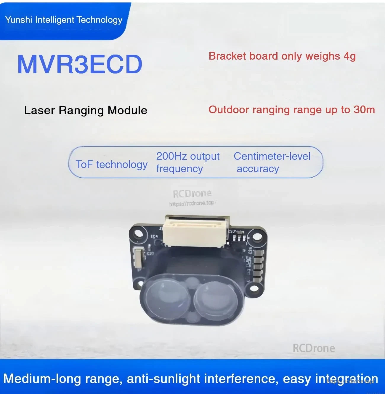 Front view of Yunshis MVR3ECD laser ranging module highlighting 30 m range and up to 200 Hz output