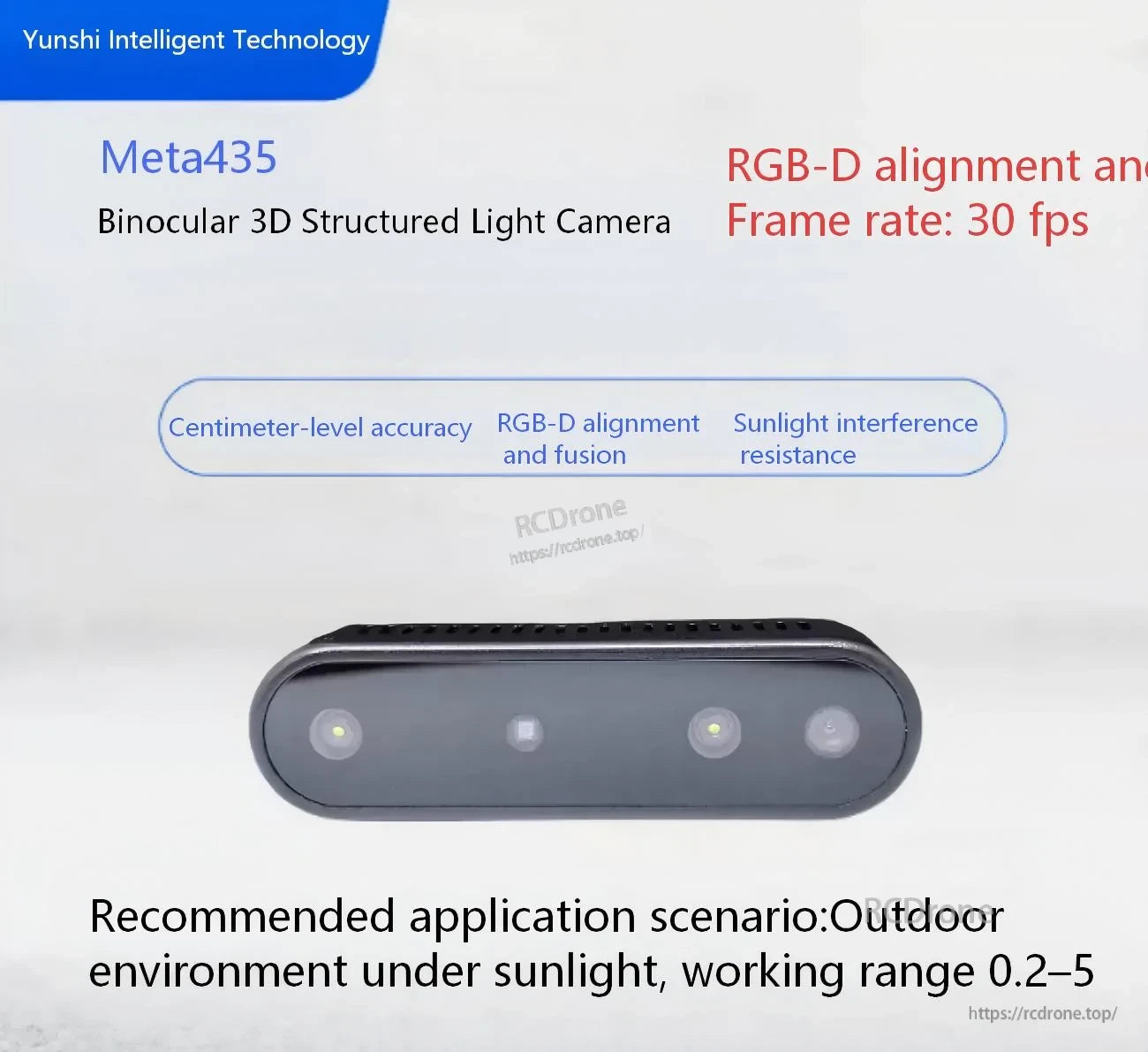 Yunshi Meta435 binocular 3D structured light RGB-D camera front view, 30 fps depth sensing for robotics