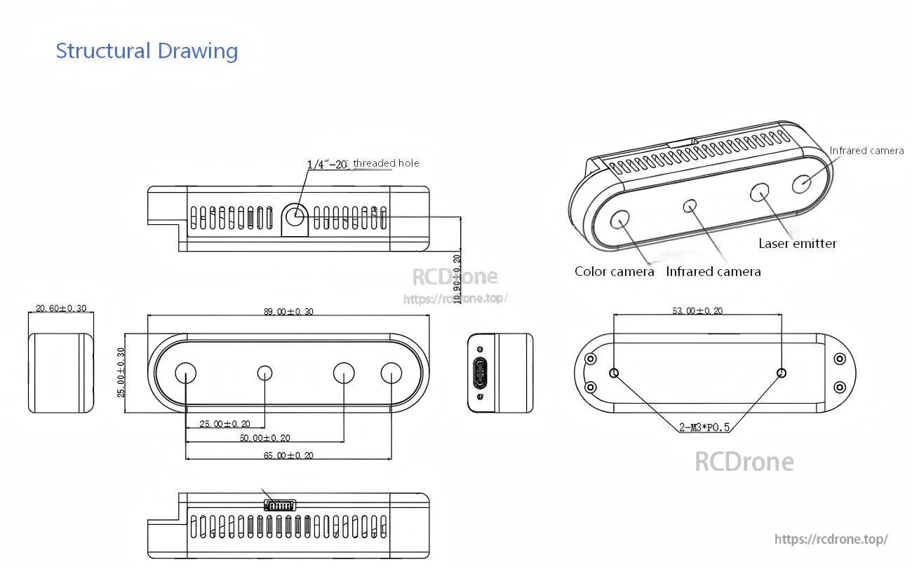 Meta435 structural drawing with dimensions and mounting details including 1/4-20 threaded hole and M3 points