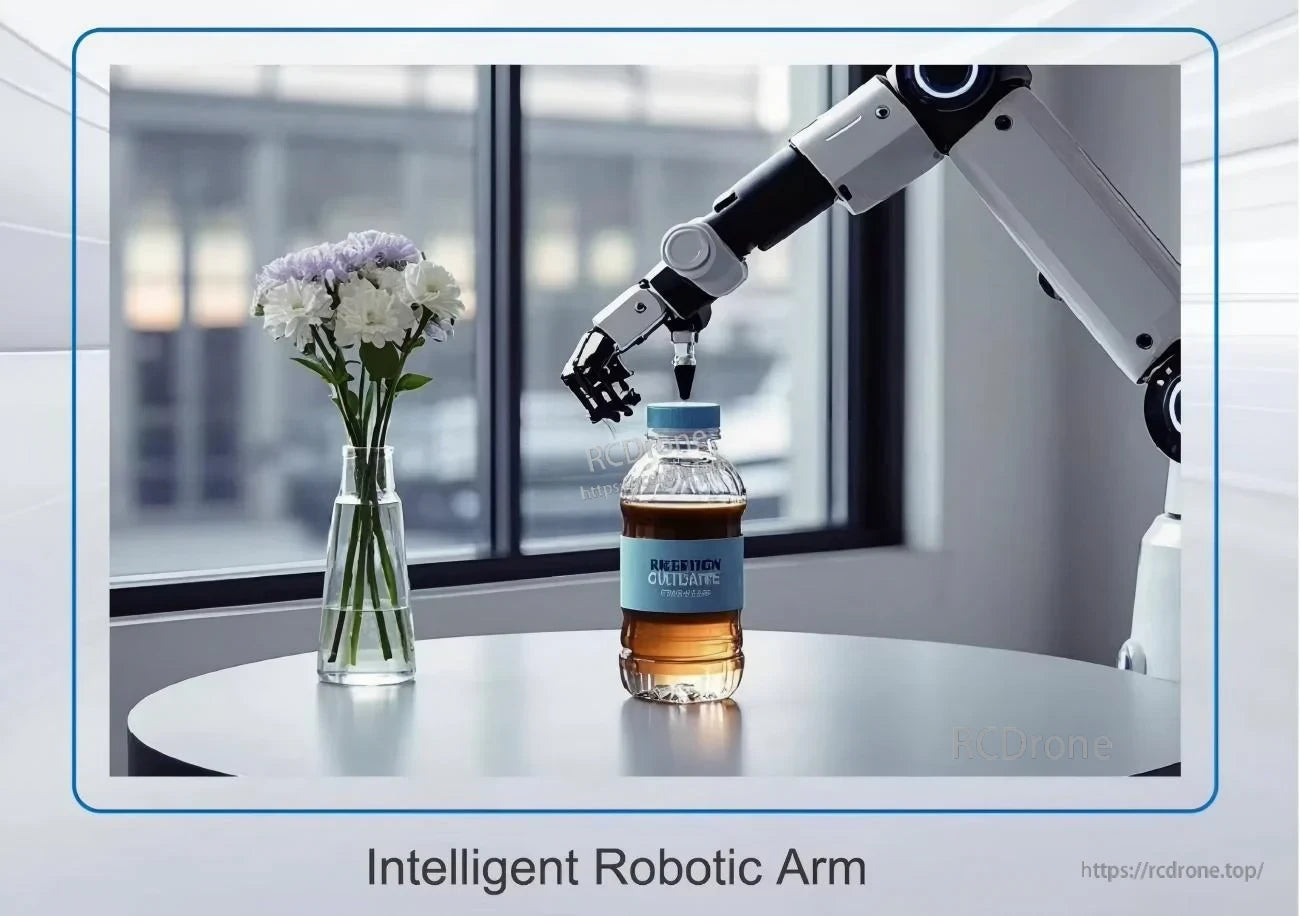 Robotic arm grasping a bottle application image for RGB-D guidance, object detection, and pick-and-place tasks
