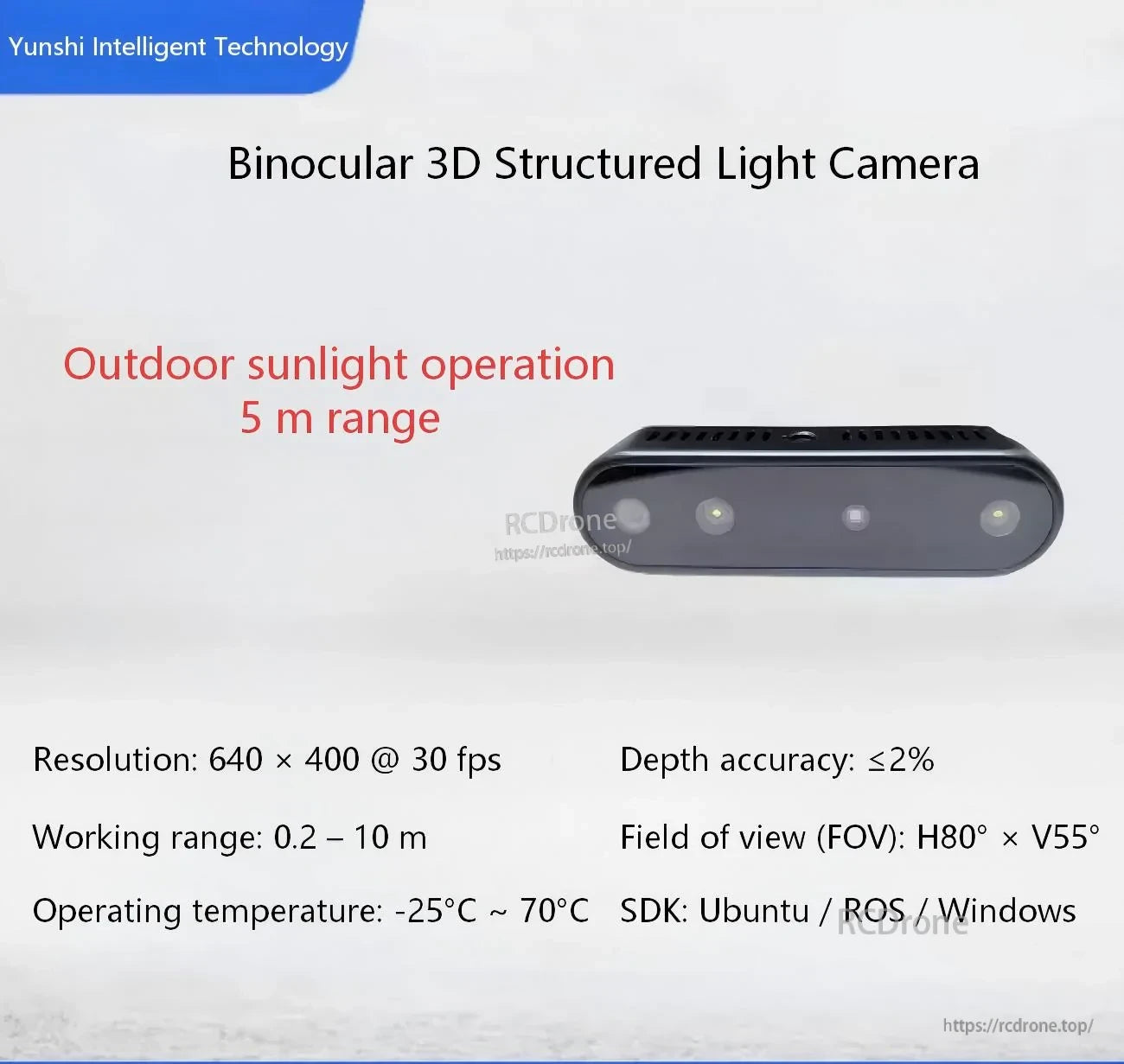 Meta435 structured light camera with key specs: 640×400 depth at 30 fps, H80°×V55° FOV, outdoor 5 m