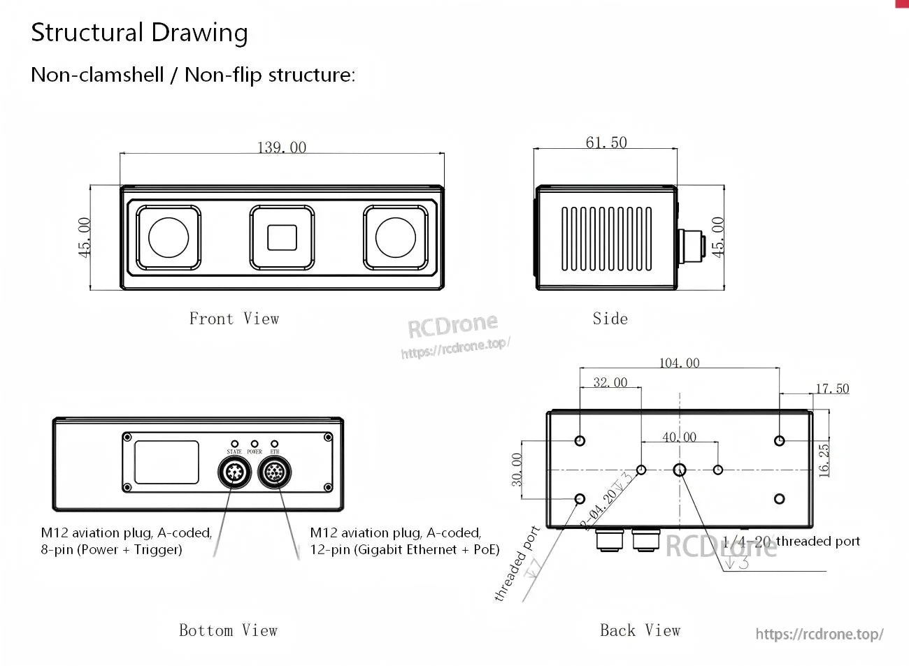 Nano camera structural drawing with front/side/back views, dimensions, and M12 connectors for power, trigger, and GigE