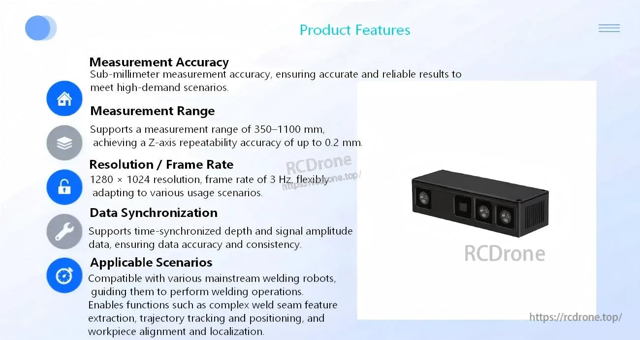Feature slide for Nano01/Nano02 depth camera listing measurement range 350–1100 mm, 1280×1024 resolution, and data sync