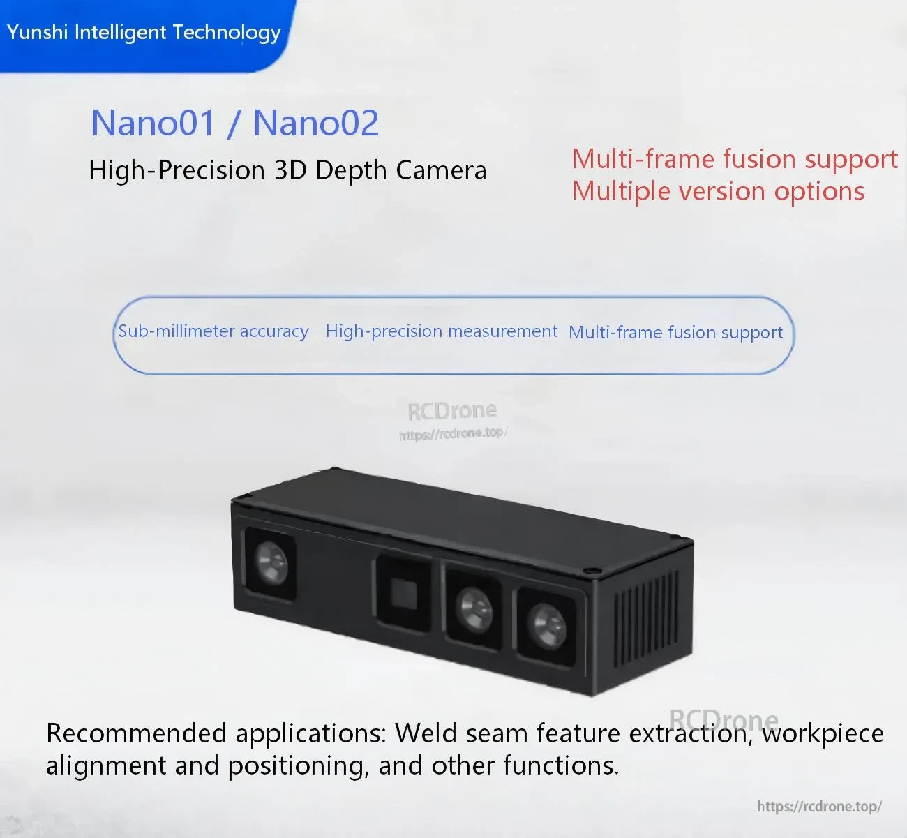 Yunshi Nano01/Nano02 3D Depth Camera product view highlighting sub-millimeter accuracy and multi-frame fusion support