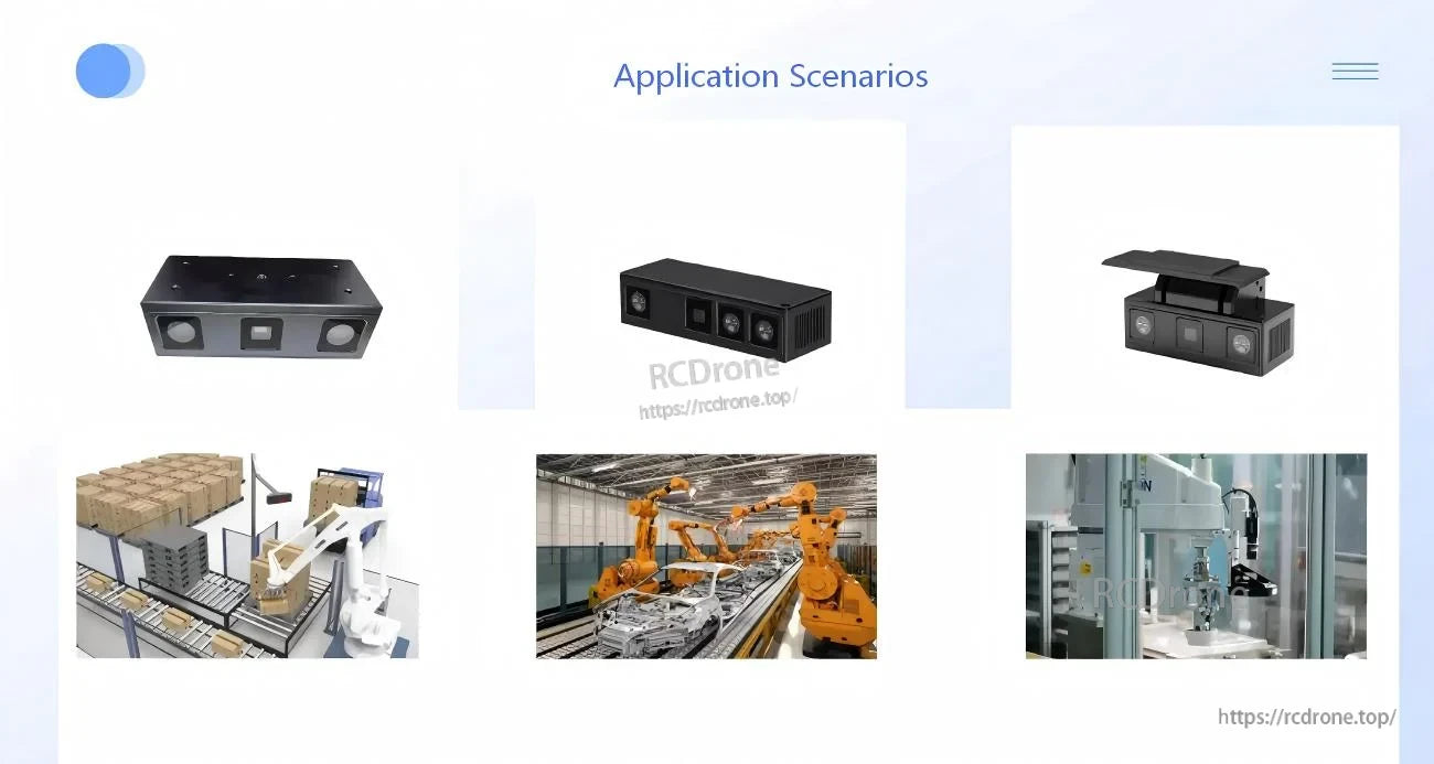 Application scenarios collage showing Yunshi Nano depth camera used in robotics, factory automation, and inspection environments