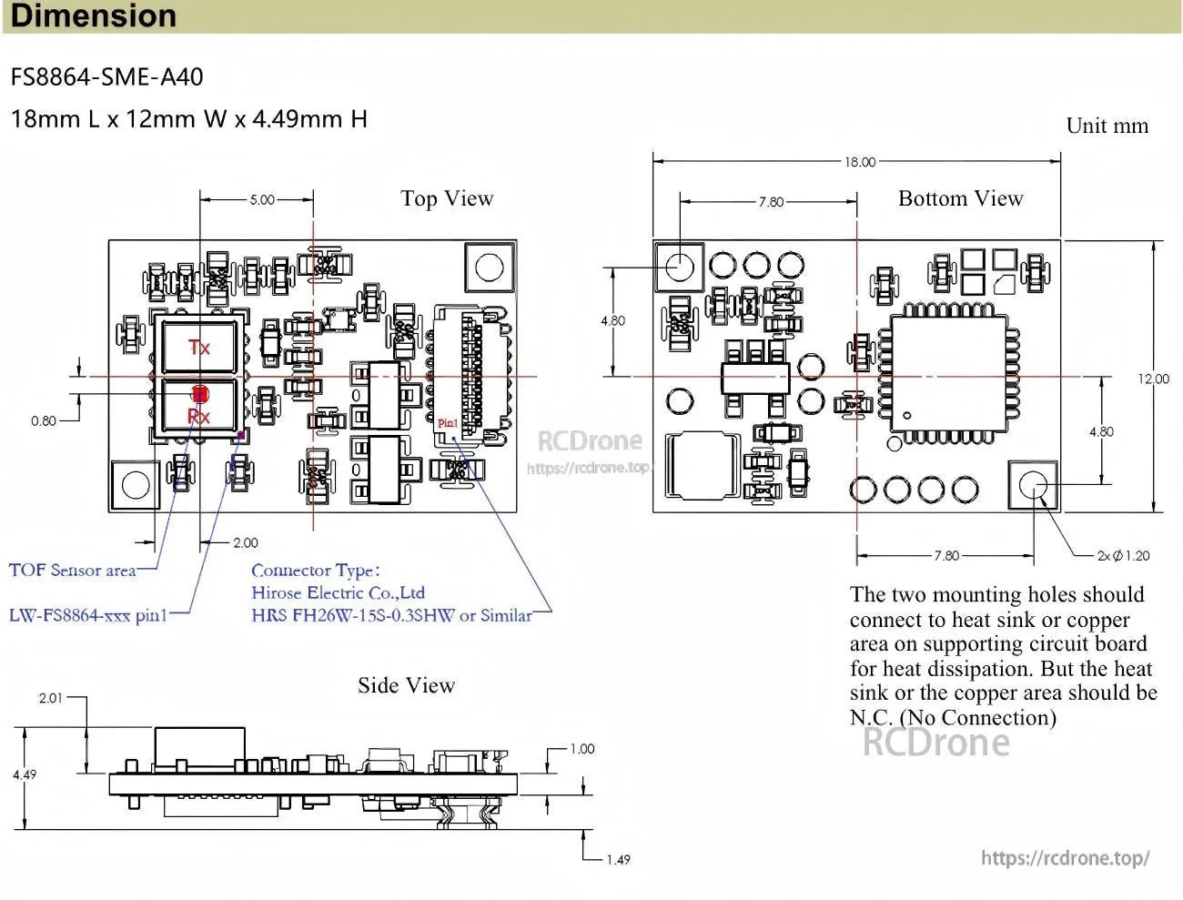 FS8864-SME-A40 mechanical dimensions and pin layout drawing, 18×12×4.49 mm module with mounting holes