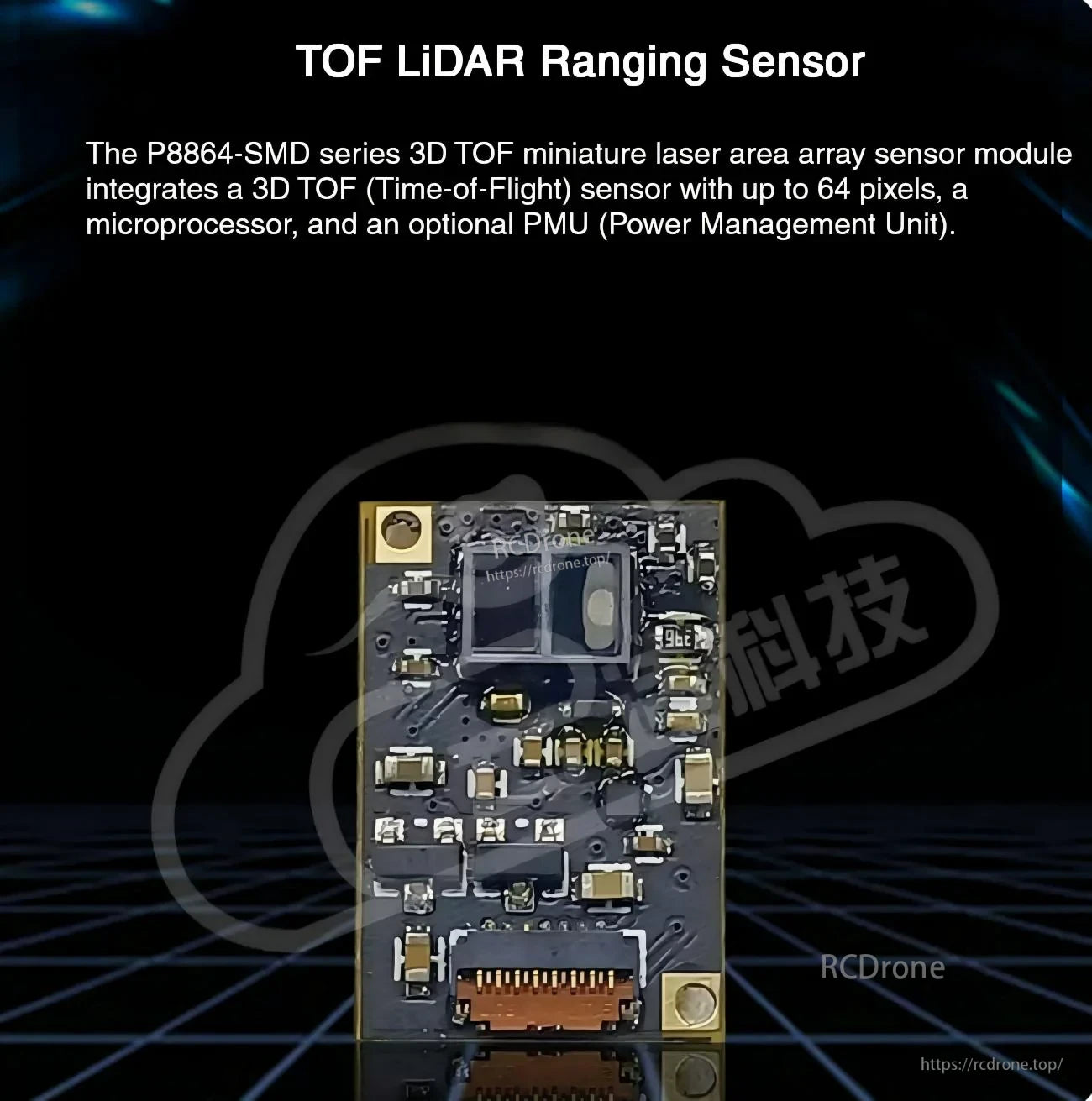 P8864-SMD series TOF LiDAR ranging sensor module with 3D ToF core, microprocessor, and connector