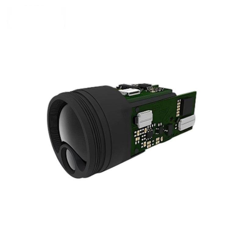 Yunshis PLS-K1500 UART laser ranging module, angled view with cylindrical housing and PCB connectors