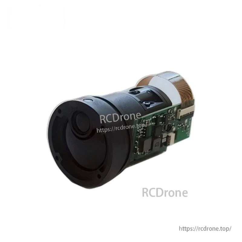 Angled side view of laser ranging module with lens housing and onboard electronics board visible