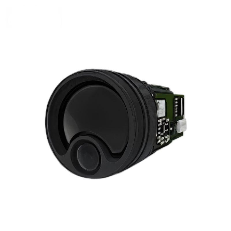 Front face close-up of PLS-K1500 laser rangefinder module showing main optical window and small sensor opening