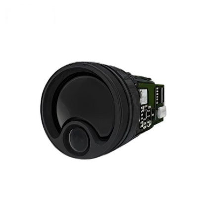Front face close-up of PLS-K1500 laser rangefinder module showing main optical window and small sensor opening
