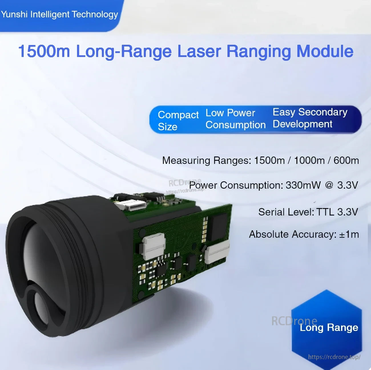 Yunshis PLS-K1500 1500 m 905 nm UART laser ranging module with 3.3 V TTL and compact low-power design