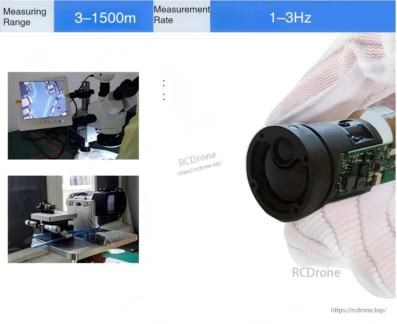 Handheld close-up of the PLS-K1500 module with measurement range 3–1500 m and 1–3 Hz rate noted