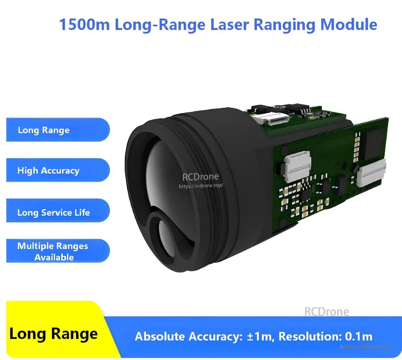 Angled view of the PLS-K1500 905 nm laser distance sensor module highlighting the front optics and PCB layout