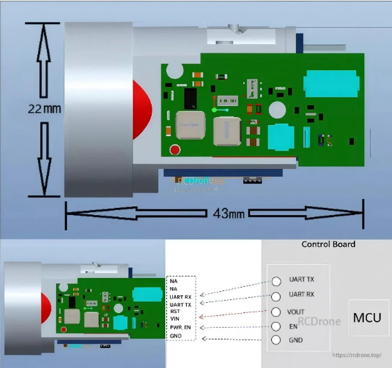 PLS-K1500 laser ranging module size diagram (22 mm diameter, 43 mm length) with UART TX/RX, EN, VIN and GND pinout