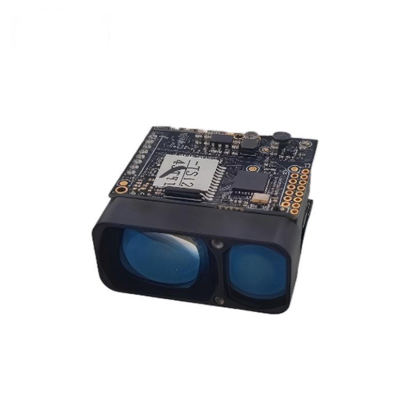 Yunshis PLS-K2000 laser ranging module, angled view showing dual optical windows and PCB