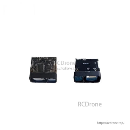 Two-view set of the ranging module showing top PCB side and front optics side on white background