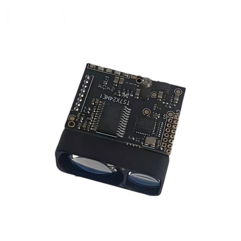 Angled top view of the ranging sensor module with dual lenses and exposed circuit board components