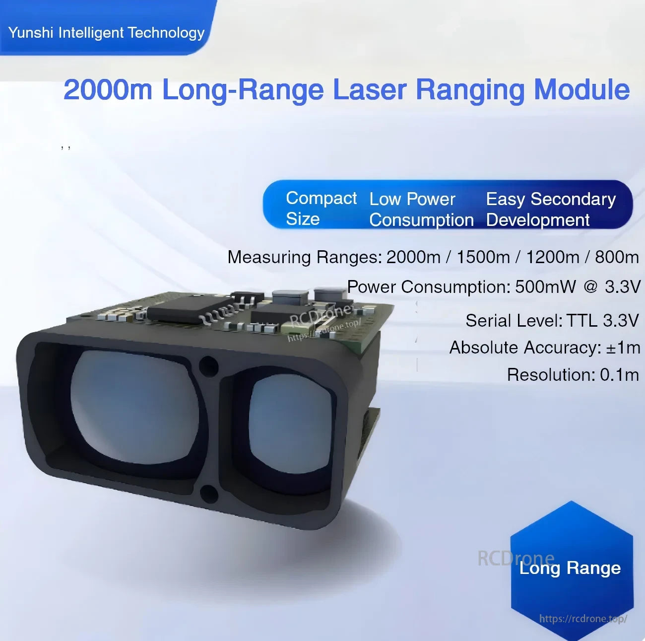 Yunshis PLS-K2000 2000 m laser ranging module, 905 nm Class 1, UART TTL 3.3 V low-power sensor