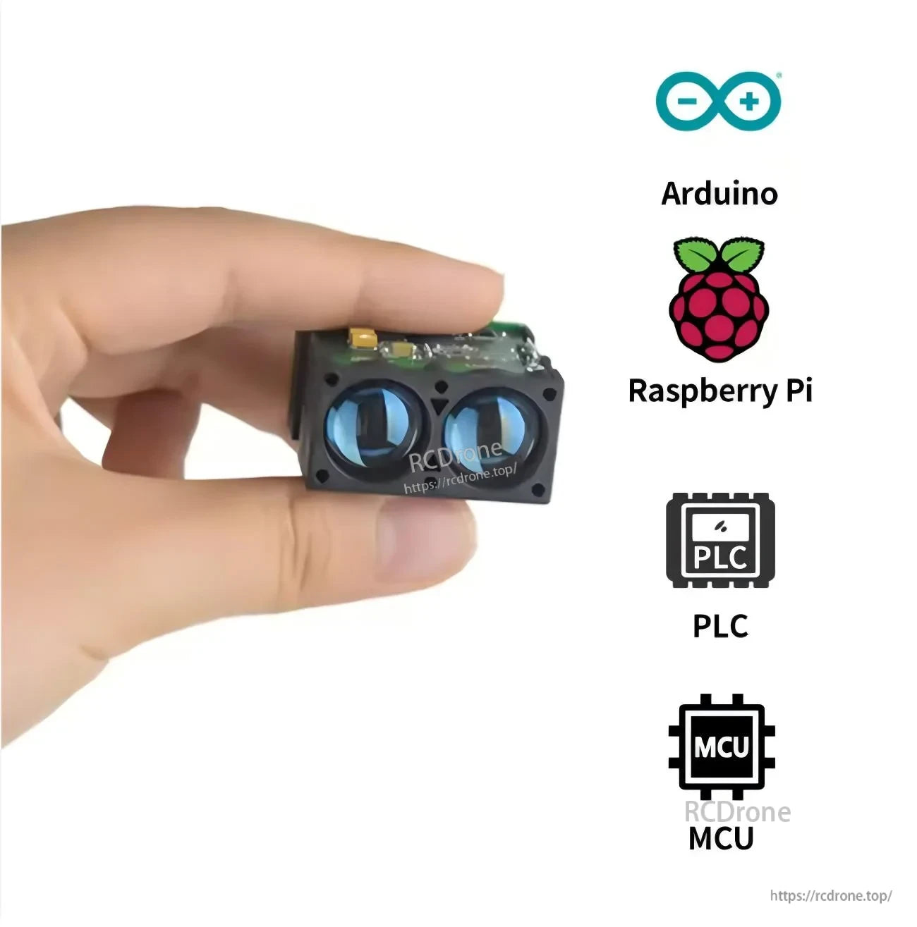 Compact PLS-K2000 laser range sensor held in hand, with Arduino, Raspberry Pi, PLC and MCU integration icons