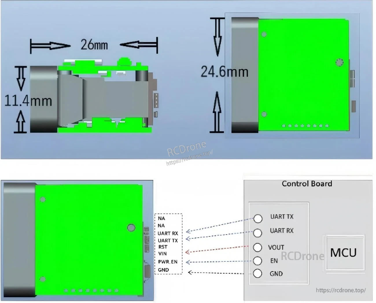 PLS-K2000 module outline dimensions and 6-pin connector wiring map for UART TX/RX, power, enable and ground