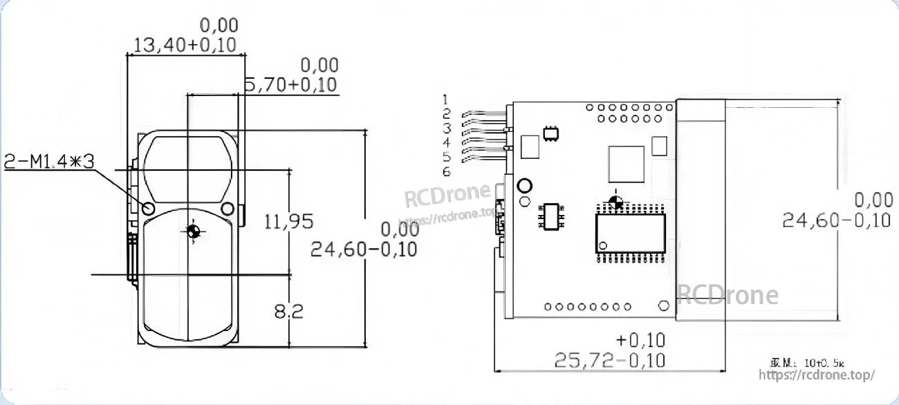 Detailed mechanical drawing of the PLS-K2000 laser ranging module with 25.72 × 24.60 mm footprint and mounting notes
