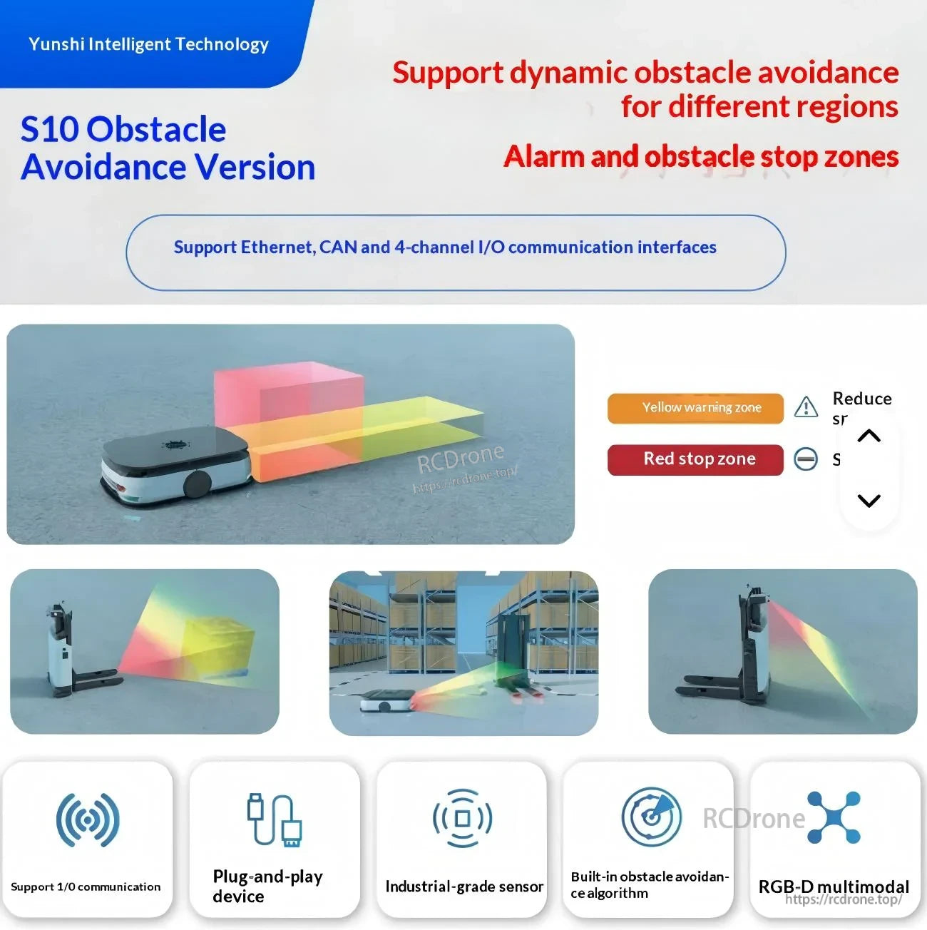 Yunshis S10 DTOF depth camera obstacle-avoidance version with yellow warning zone and red stop zone concept