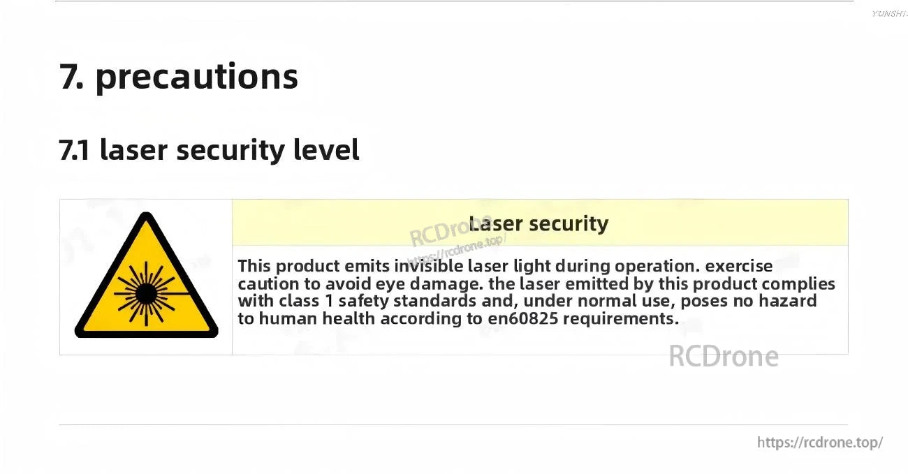 Laser safety notice for the Yunshis S10 depth camera indicating invisible laser emission and Class 1 guidance