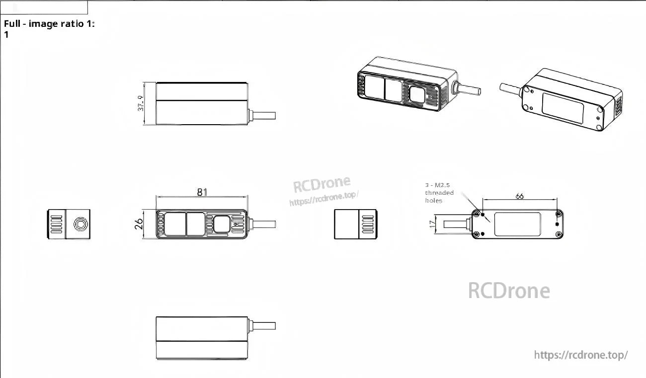 Mechanical dimension drawing of the S10 depth camera with multiple views, key measurements, and M2.5 mounting holes