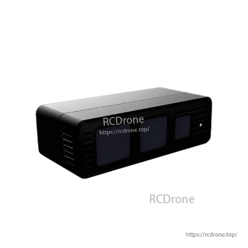 Angled front view of the depth camera housing with three front windows and visible RCDRone watermark