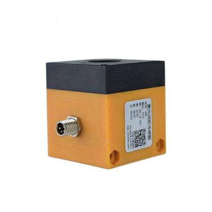 Side view showing circular connector port and printed ID label with QR code on housing