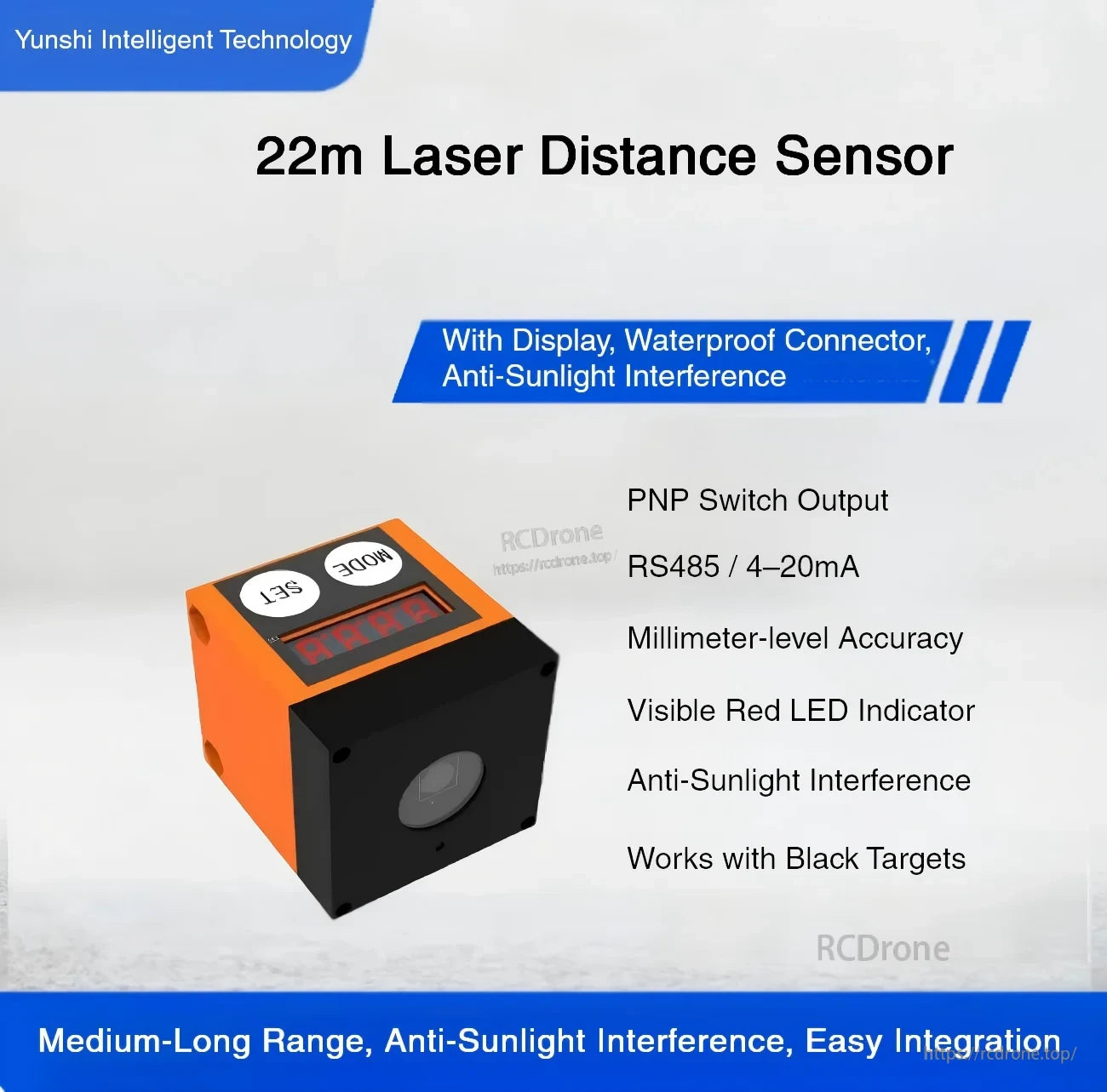 Yunshis S20 laser distance sensor with digital display and waterproof connector, 22 m ranging module