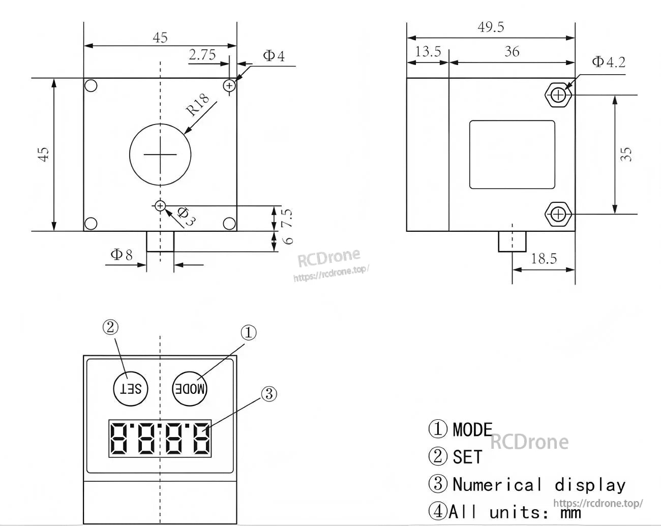 Mechanical dimension drawing of the S20 laser distance sensor with 45×45 mm face, 49.5 mm length, and MODE/SET buttons