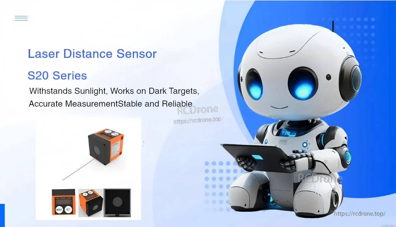 S20 series laser distance sensor shown for robotics and automation use, with compact sensor module image