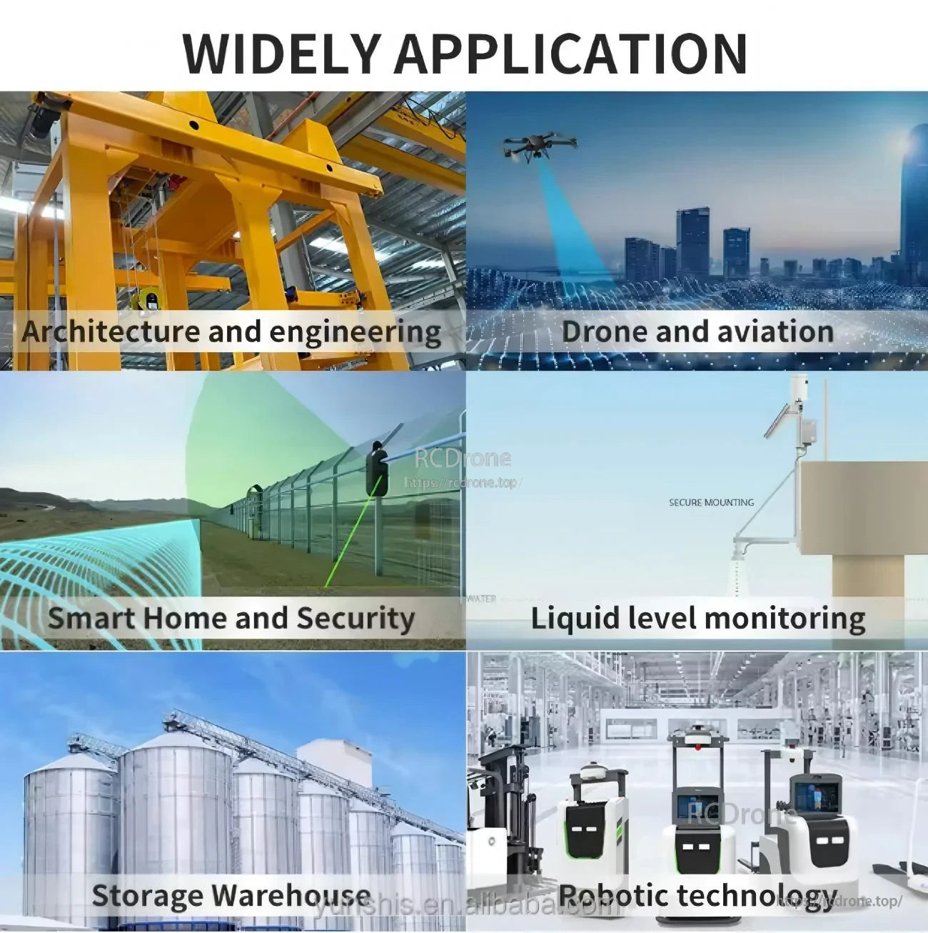 Application collage for the S20 distance sensor: engineering, drone and aviation, smart security, liquid level, warehouse, robotics