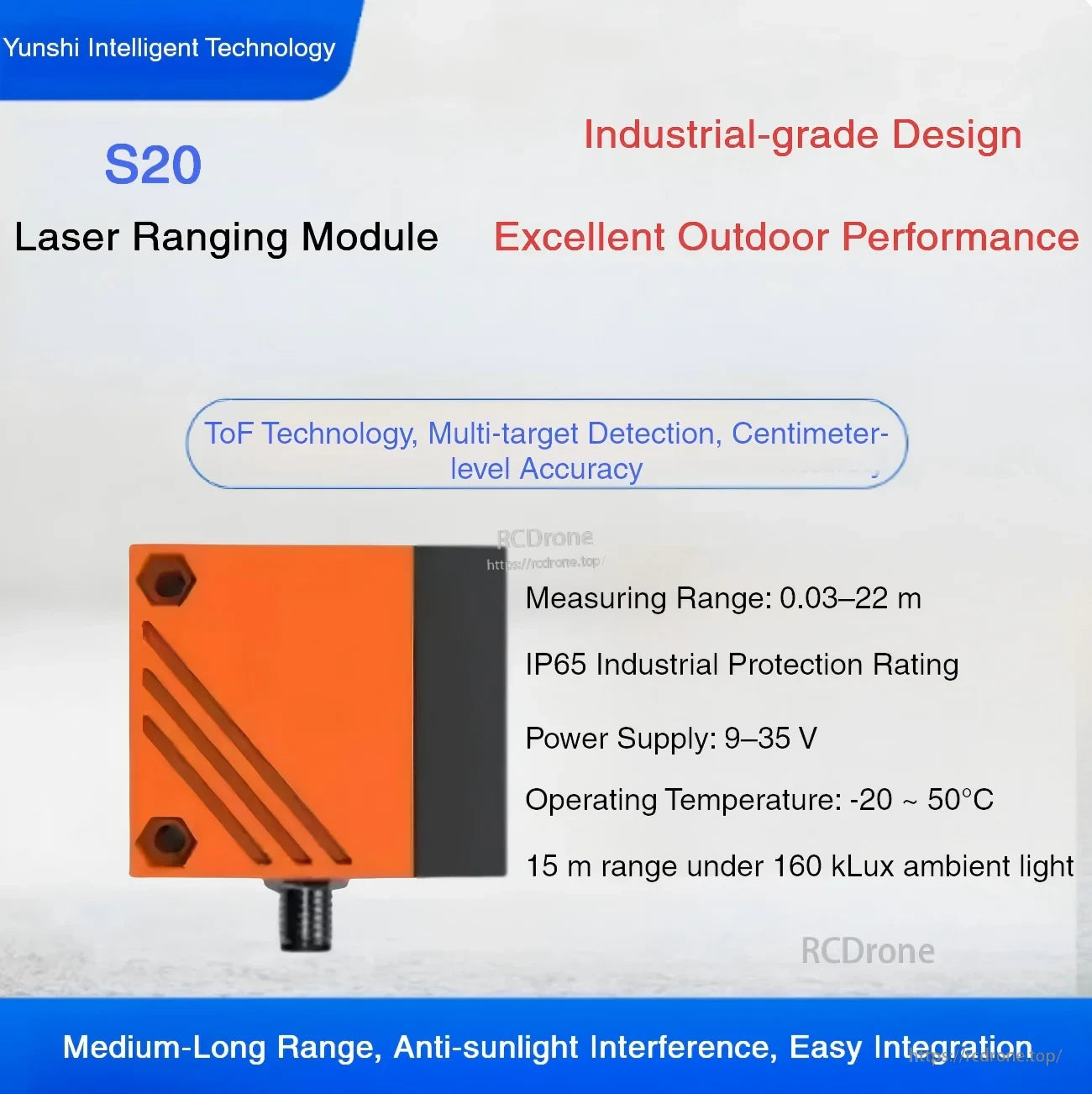 Side view of S20 laser ranging module highlighting 0.03–22 m range, IP65 rating, and 9–35 V supply
