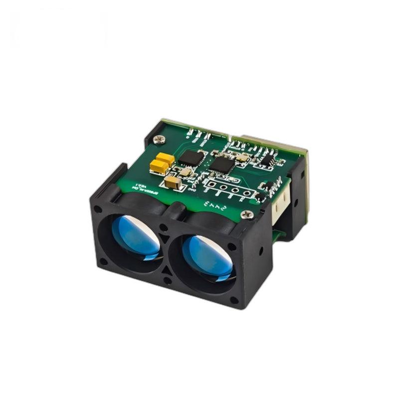 Yunshis SDFM series laser ranging module with dual optical lenses and PCB, angled front view