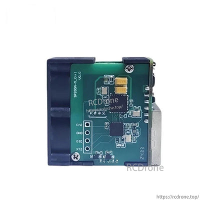 Top view of ranging sensor PCB with pin header pads and RCDroine watermark, connector on right