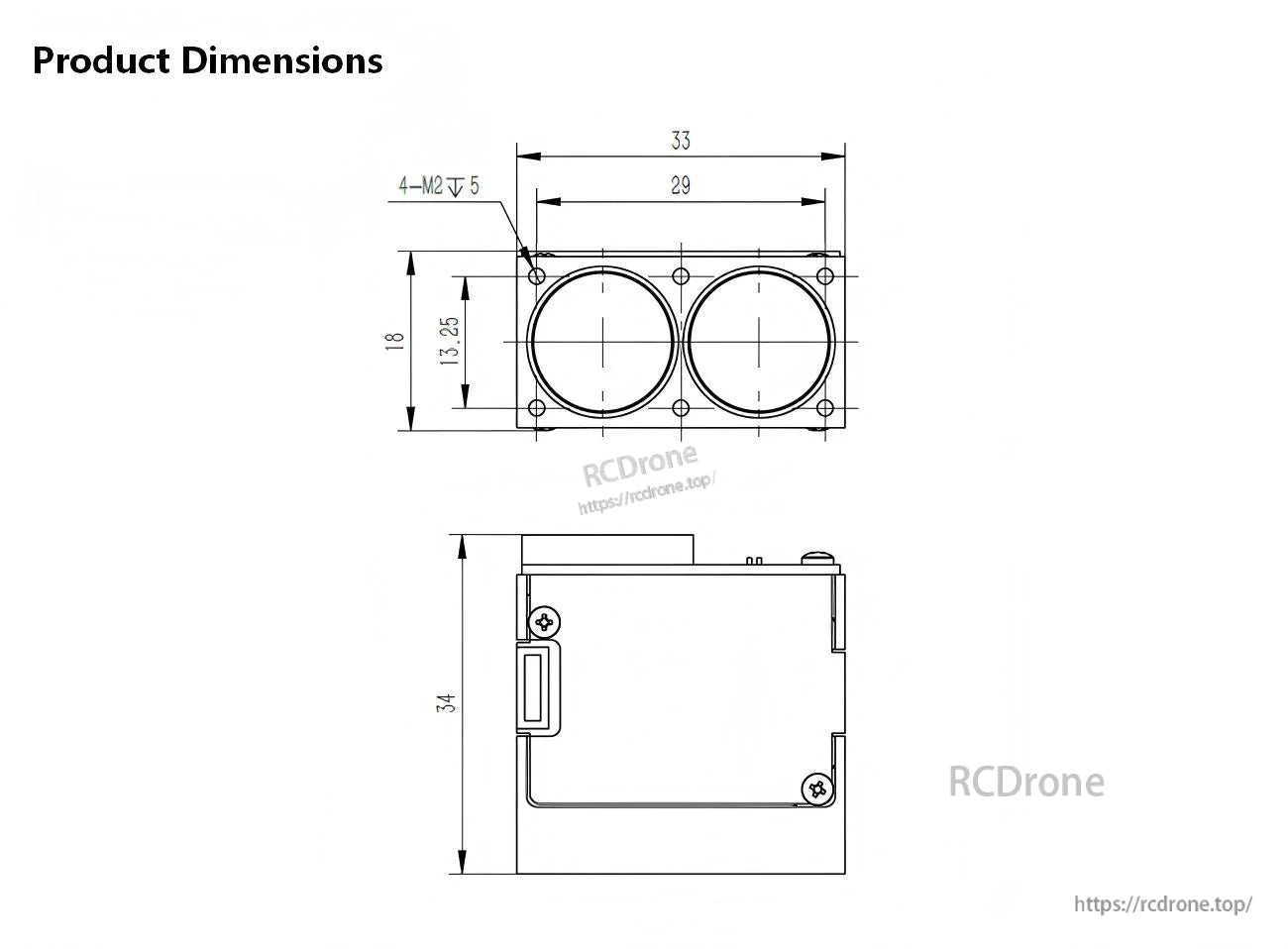 Mechanical dimensions drawing of the Yunshis SDFM ranging module, 33 × 34 × 18 mm with 4× M2 mounting holes