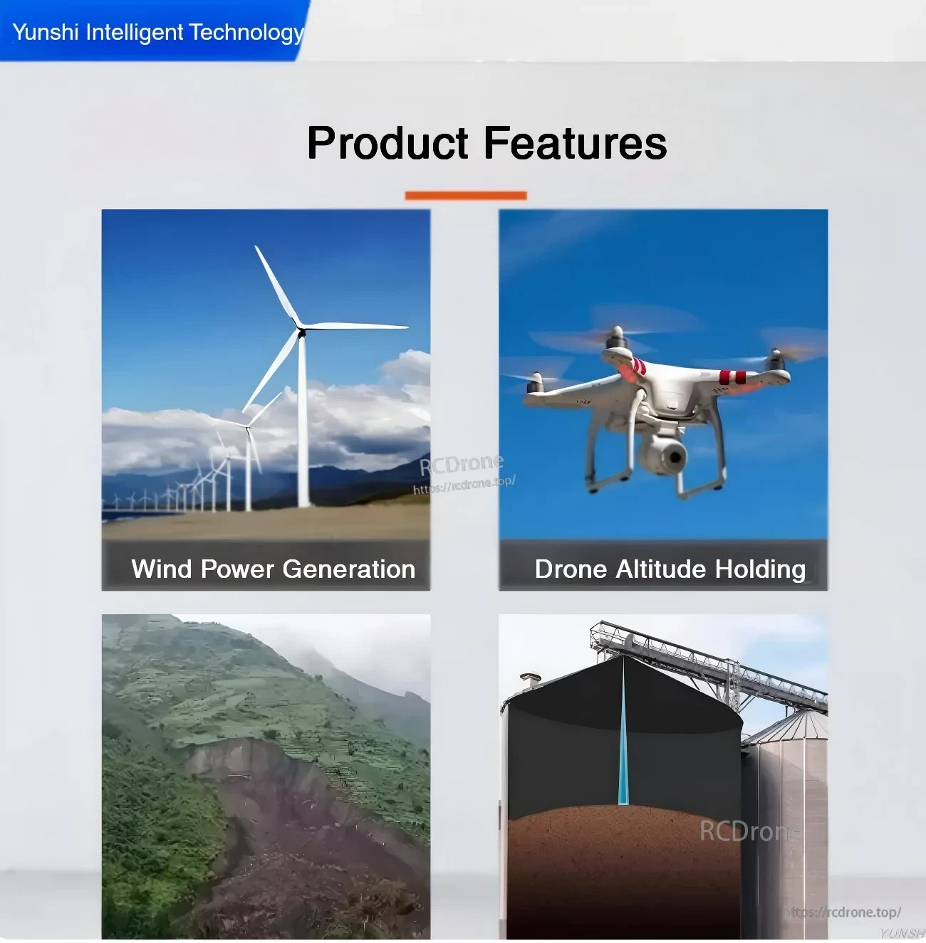 Application examples for the SDFM laser ranging module, including wind power, drone altitude holding, and industrial sensing
