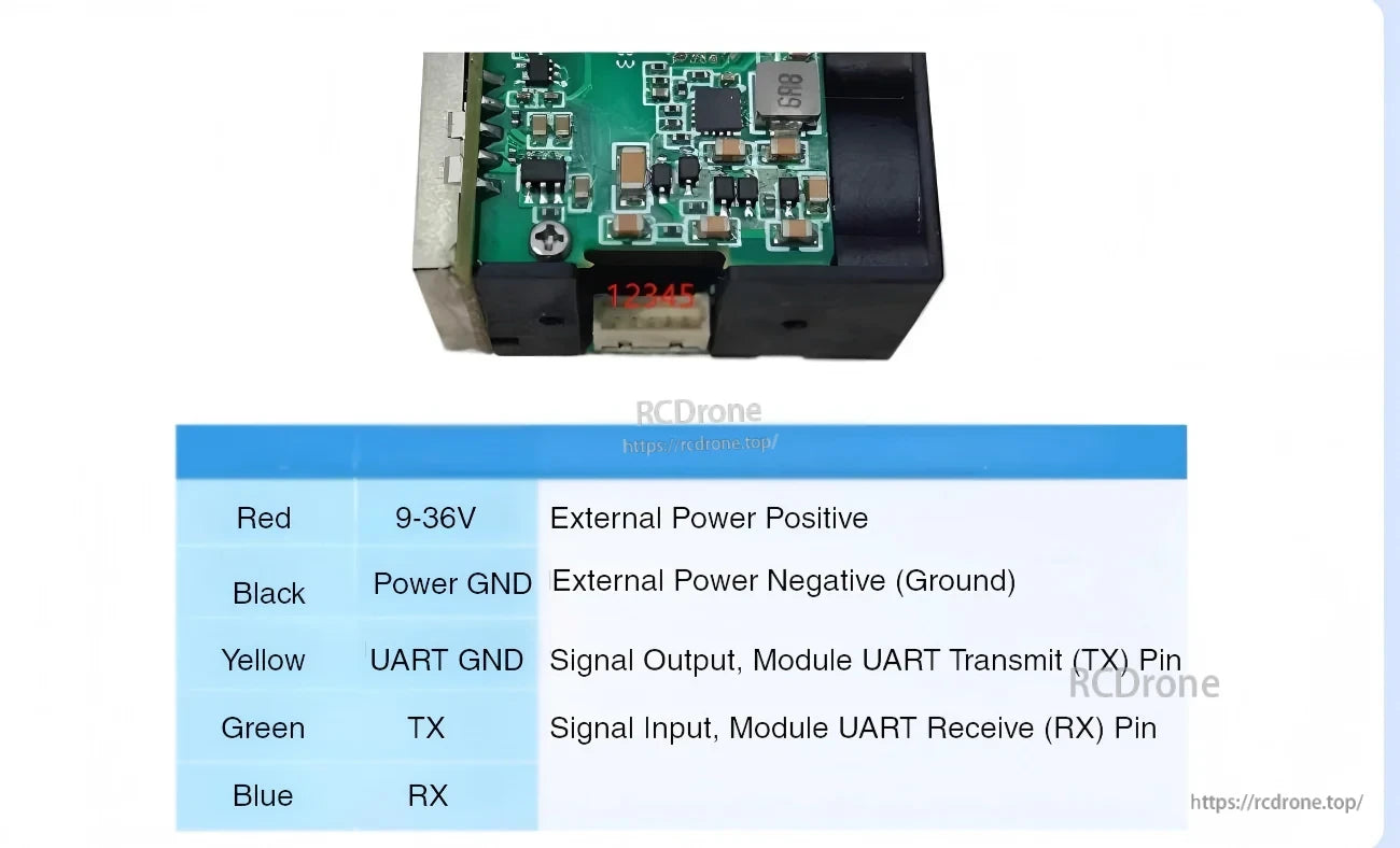 SDFM series laser ranging module 5-pin wiring table for 9–36 V power, ground, and UART TX/RX signal connections