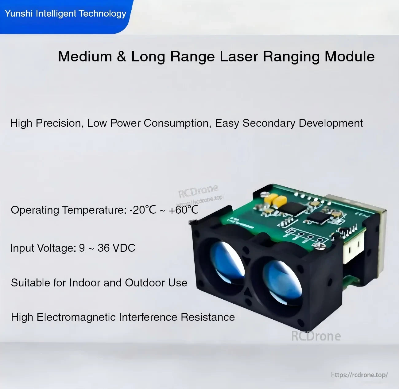 SDFM laser ranging module feature graphic highlighting 9–36 VDC input, -20 to +60 °C operation, and EMI resistance